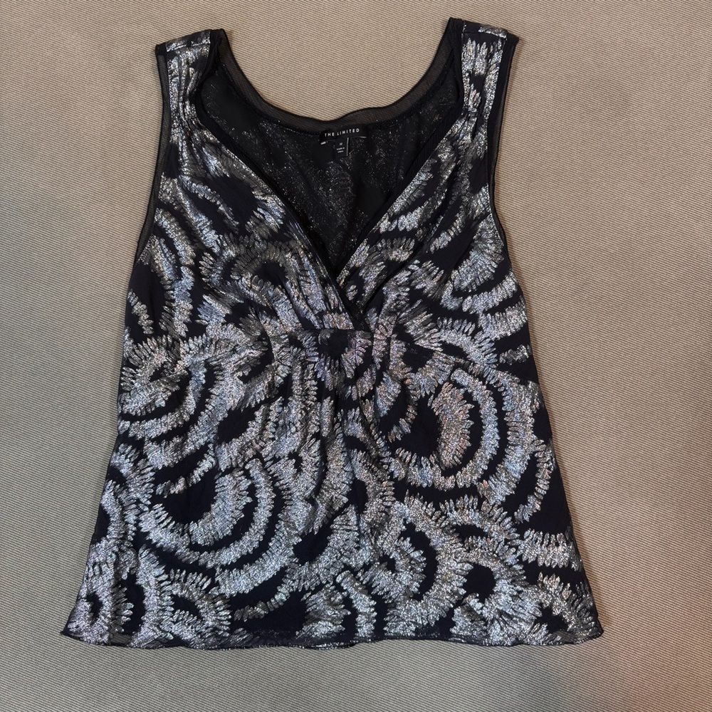 The Limited Silver Silk V-Neck Evening Top Sz M Zipper Y2K